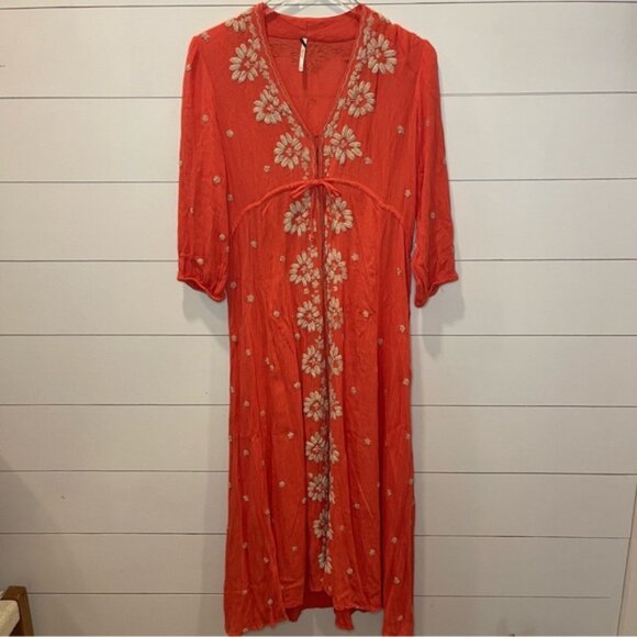 Free People Dresses & Skirts - Free People Fable Coral Combo Midi Embroidered Dress Womens Size Small